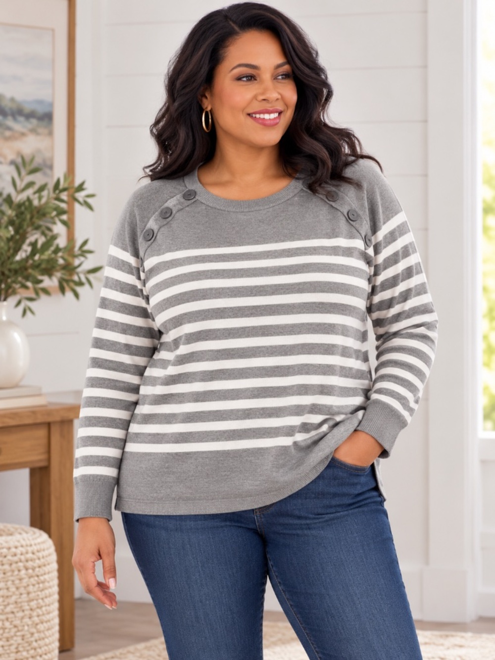 Liz Claiborne 2X Gray & White Striped Button Detail Sweater Plus Size